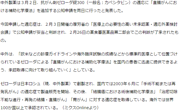 抗がん剤ゼローダ「直腸がん補助化学療法」の適応追加で公知申請