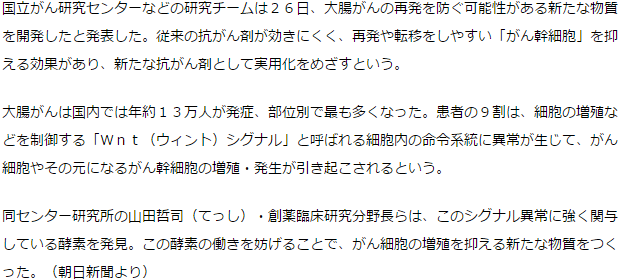 大腸がんの再発防ぐ可能性物質を開発