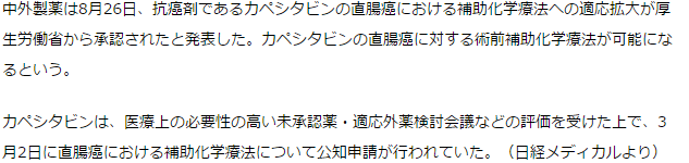 カペシタビンが直腸癌の術前補助化学療法への適応拡大