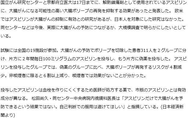 アスピリンでポリープ抑制　大腸がん予防の可能性定