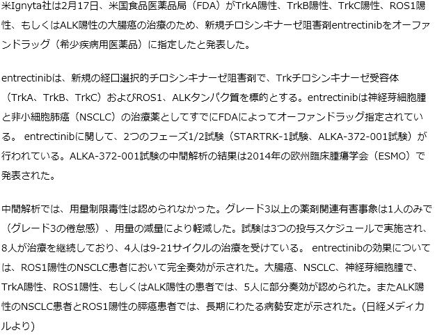 米国で遺伝子変異のある大腸癌の治療薬としてentrectinibがオーファンドラッグ指定