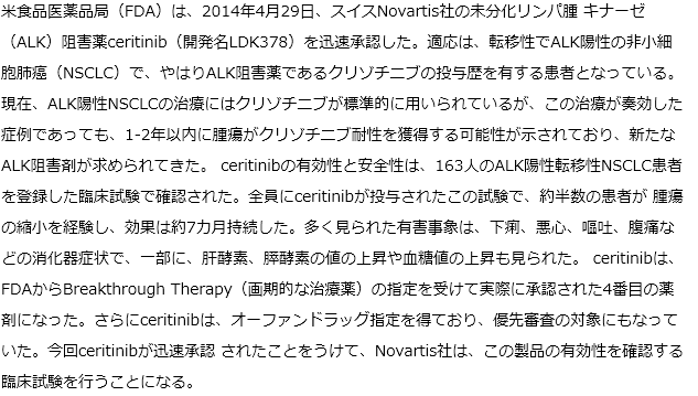 米国でクリゾチニブ投与歴のあるALK陽性転移性非小細胞癌患者を対象にcerit inib（セリチニブ）が承認獲得