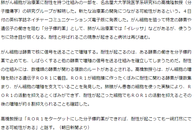 肺がん細胞の治療薬への耐性、仕組みの一部解明