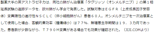 肺がん治療薬の第１相追跡データを学会発表