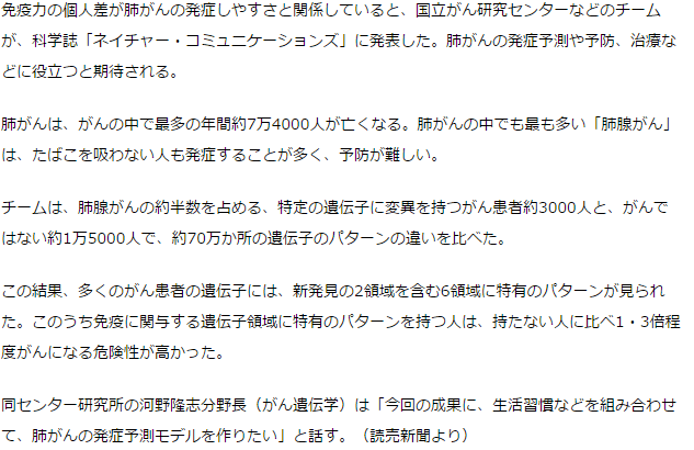 肺がん発症、免疫力の個人差と関係