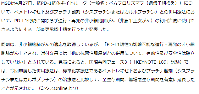 キイトルーダに併用療法追加で承認申請 進行・再発の非小細胞肺がんで　PD-L1発現関係なく