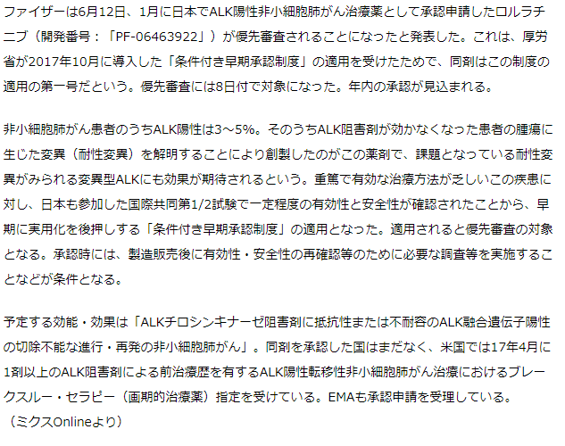 ALK陽性非小細胞肺がん治療薬ロルラチニブが優先審査に　条件付き早期承認制度の適用で