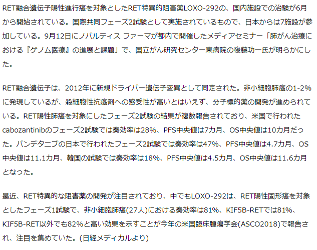 RET特異的阻害薬LOXO-292の日本での治験が開始