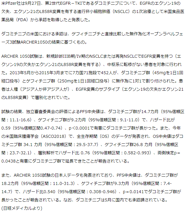 第2世代EGFR-TKIダコミチニブがEGFR変異陽性進行NSCLCの1次治療として米国で承認