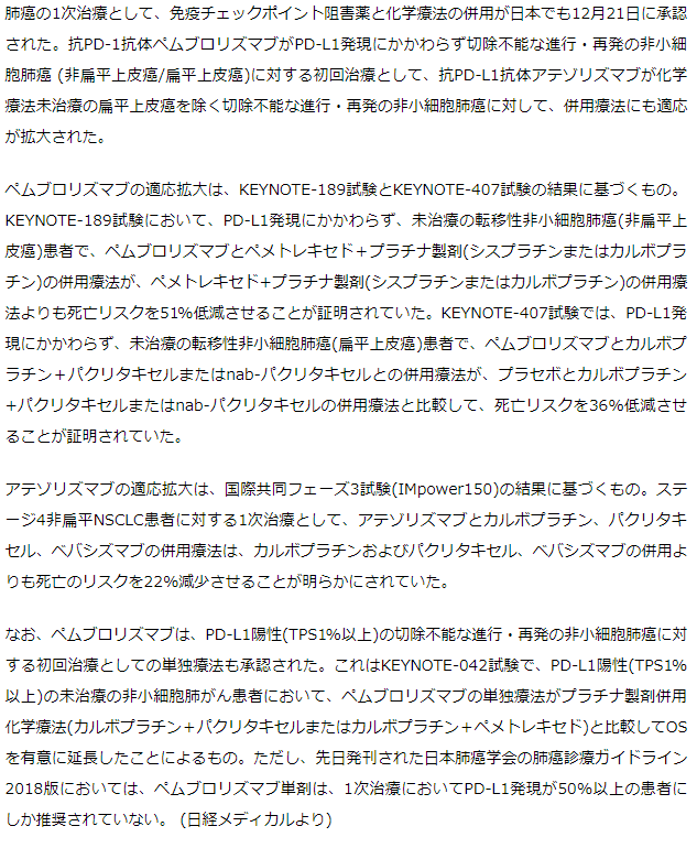 肺癌の1次治療での免疫チェックポイント阻害薬と化学療法の併用が日本でも承認