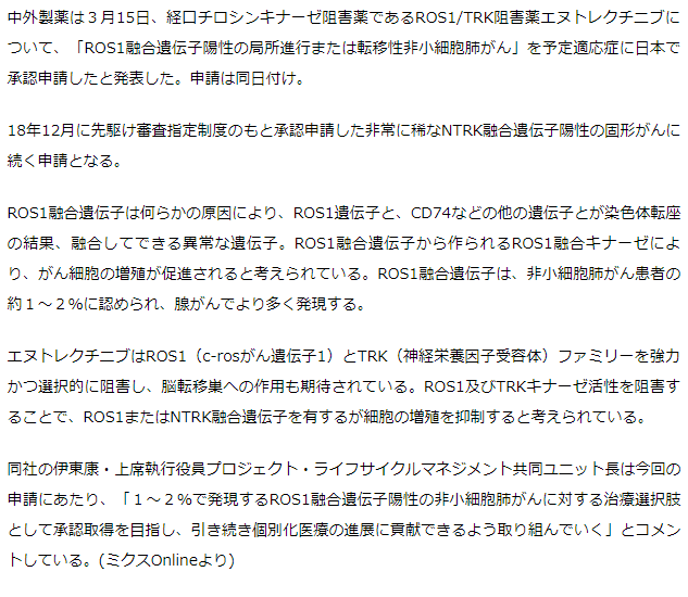 ROS1融合遺伝子陽性非小細胞肺がんでエヌトレクチニブ承認申請