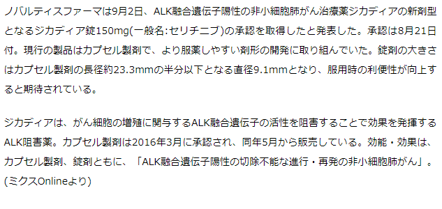 新剤型ジカディア錠　ALK陽性非小細胞肺がんで承認取得