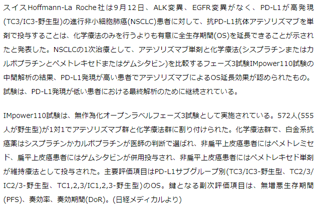 PD-L1高発現非小細胞肺がんで抗がん剤のみよりテセントリク単剤投与が全生存期間延長