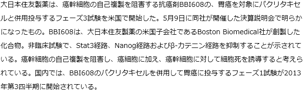 癌幹細胞阻害型抗癌剤BBI608の胃癌を対象としたフェーズ3試験が米国で開始