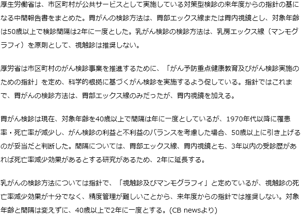 胃がん検診、50歳以上で2年に一度