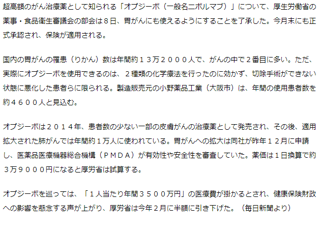 オプジーボ、胃がんで正式承認-保険適用へ