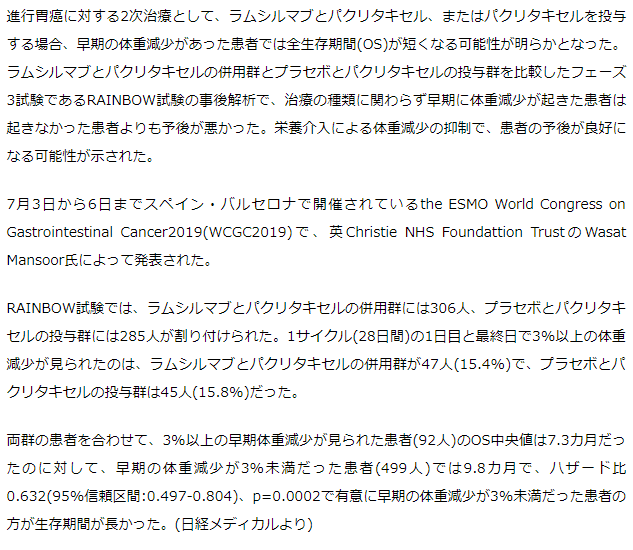 胃がん2次治療で早期の体重減少は予後不良の可能性