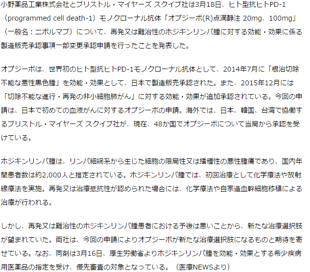 オプジーボ、再発・難治性ホジキンリンパ腫に対する効能効果で一部変更を申請