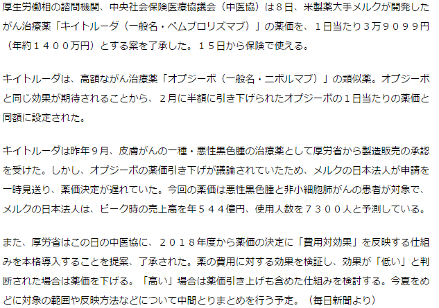 がん新薬「キイトルーダ」薬価了承