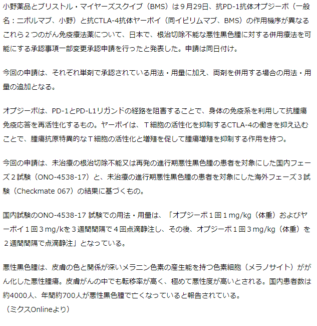 小野とBMS　がん免疫療法薬のオプジーボとヤーボイ　悪性黒色腫への併用療法を国内申請