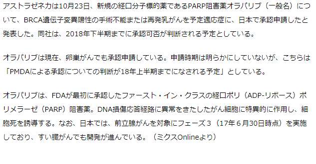 新規経口分子標的薬オラパリブ　BRCA遺伝子変異陽性乳がんで承認申請