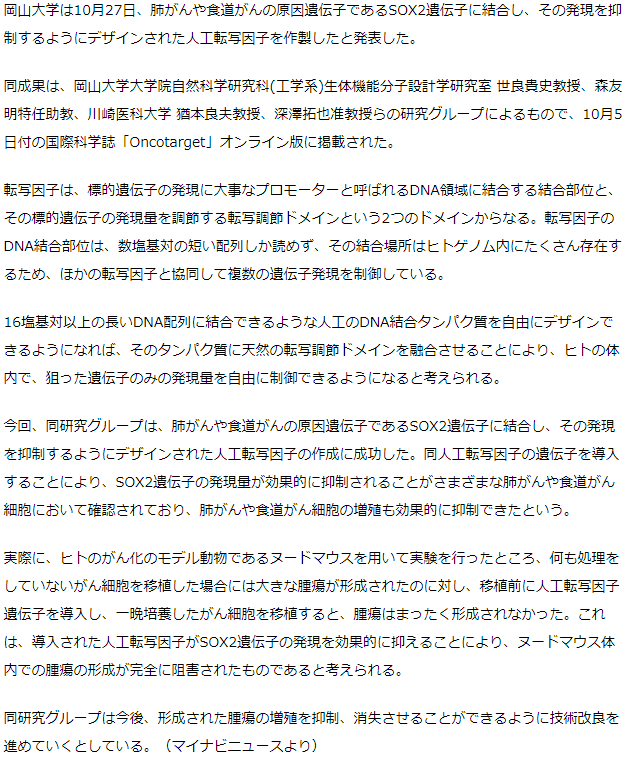 岡山大、肺がんや食道がんの原因遺伝子の発現を抑制する人工転写因子を開発