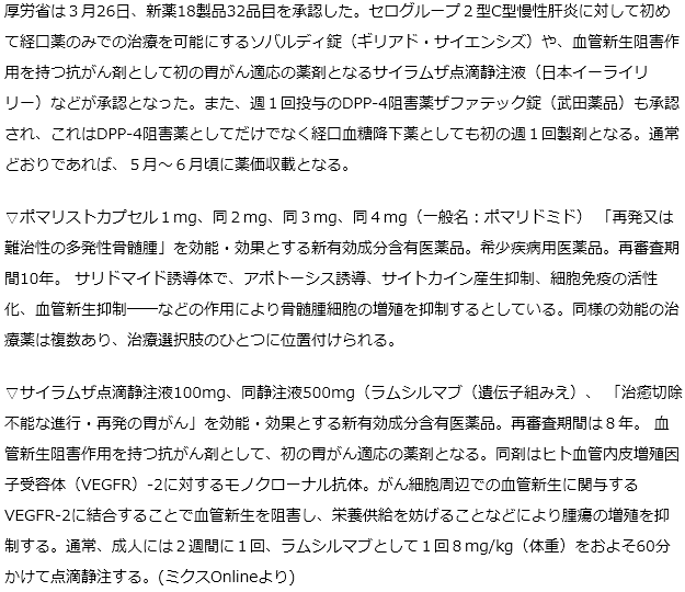 新薬18製品が承認、経口C型肝炎薬ソバルディ、週１回DPP-4阻害薬ザファテックなど