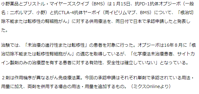 がん免疫療法薬オプジーボとヤーボイ、腎細胞がんでの併用療法を国内申請　未治療患者にも