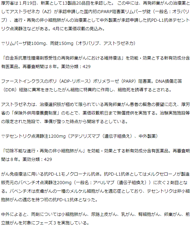 厚労省　新薬13製品を承認　AZの初のPARP阻害薬、中外の抗PD-L1抗体など