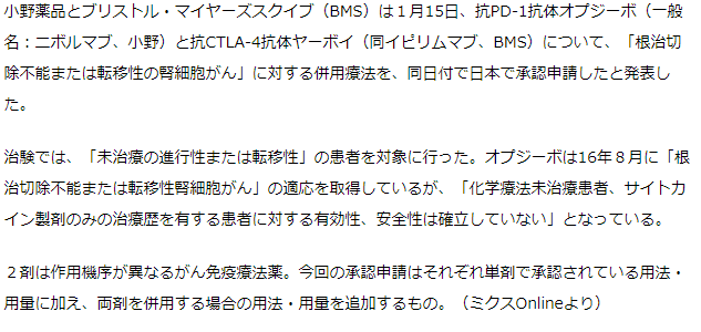 がん免疫療法薬オプジーボとヤーボイ、腎細胞がんでの併用療法を国内申請　未治療患者にも