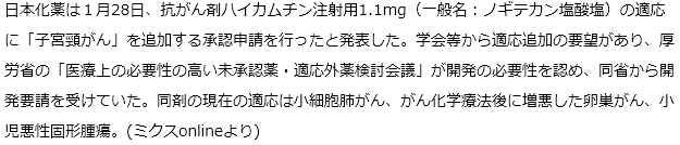 抗がん剤ハイカムチンに子宮頸がんの適応追加申請