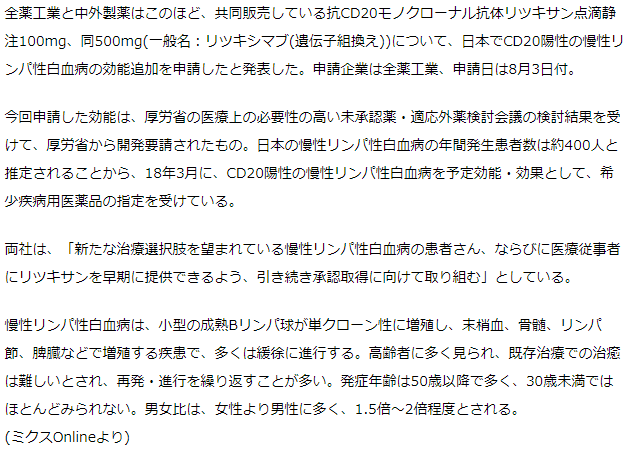 全薬工業と中外　リツキサンでCD20陽性慢性リンパ性白血病の効能追加を申請