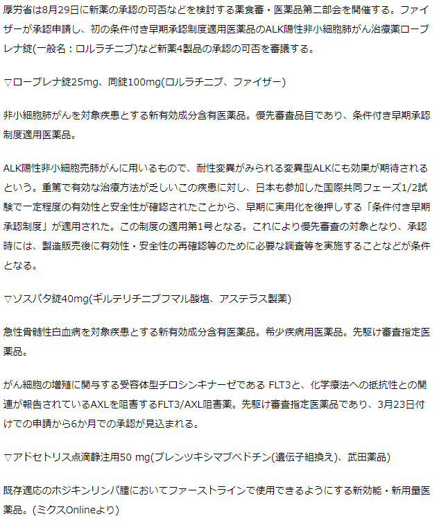 薬食審　8月29日に第二部会　ALK陽性非小細胞肺がん薬ロルラチニブなどの承認を審議