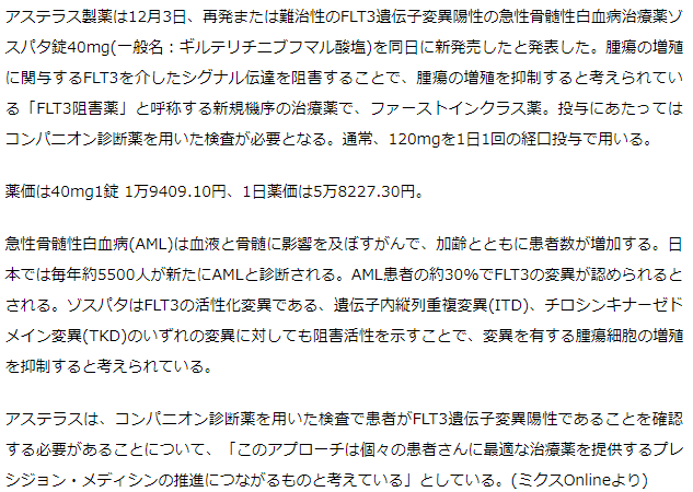 アステラス　新規機序の急性骨髄性白血病治療薬ゾスパタ錠を新発売