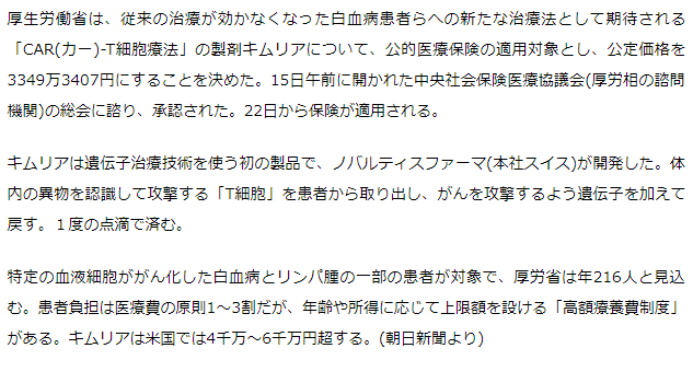 CAR-T細胞療法の製剤キムリア　点滴1回、3千万円超で保険適応