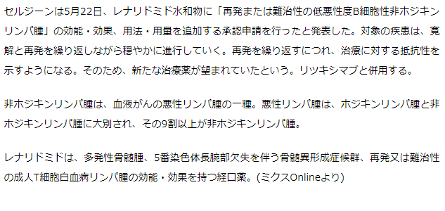 レブラミド　低悪性度B細胞性非ホジキンリンパ腫で適応追加承認