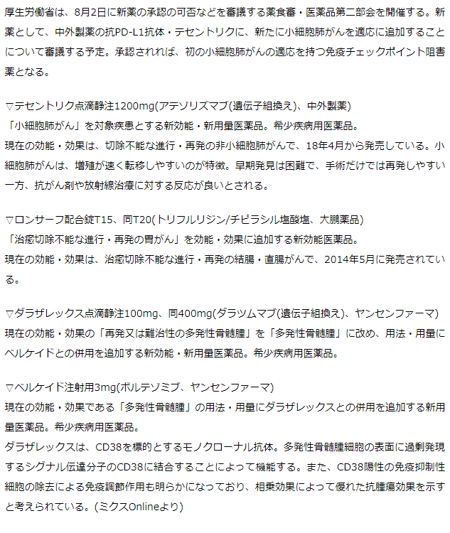 テセントリク　小細胞肺がんで初の免疫チェックポイント阻害薬承認か