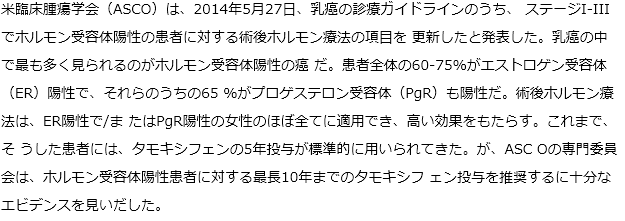 ASCOが非転移性ホルモン受容体陽性乳癌患者に対する最長10年のタモキシフェン 投与を推奨
