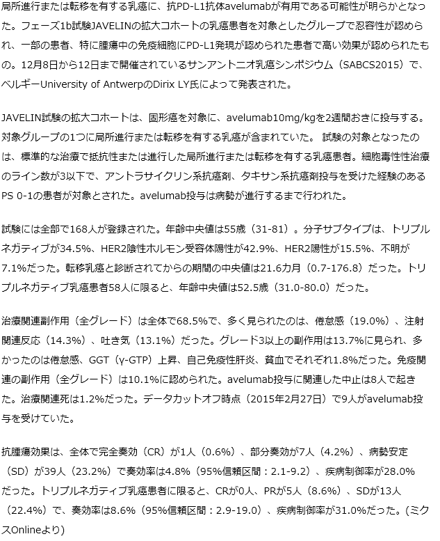 進行乳癌に抗PD-L1抗体avelumabが有用な可能性