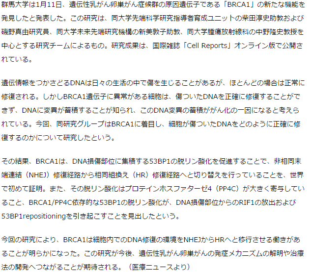 遺伝性乳がん卵巣がん症候群の原因遺伝子BRCA1の新たな機能を発見