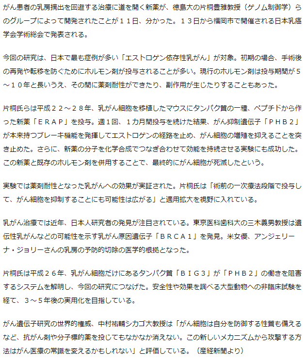 乳がん、乳房摘出せず治療　徳島大グループ、新薬開発　３年後実用化目指す