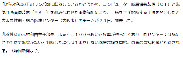 乳がんリンパ節転移　画像で診断　手術不要