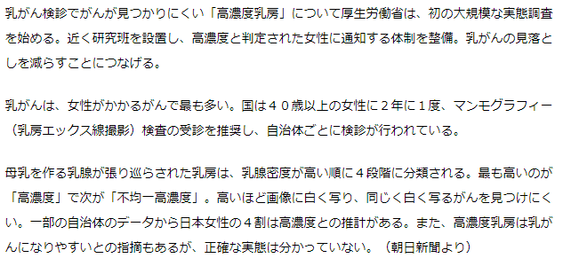 乳がんの見落とし高濃度乳房  厚労省が実態調査へ