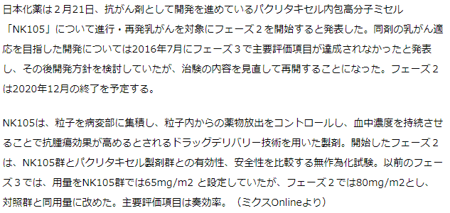 パクリタキセルを内包したナノ粒子剤「NK105」、乳がん適応の治験再開