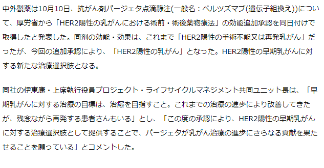 中外　抗がん剤パージェタ、効能・効果が「HER2陽性の乳がん」に