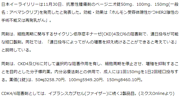 日本リリー　再発乳がん治療薬ベージニオ錠を発売　CKD4/6阻害剤