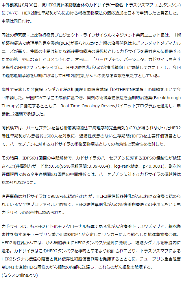 抗HER2抗体薬カドサイラ HER2陽性早期乳がん術後薬物療法の適応追加申請