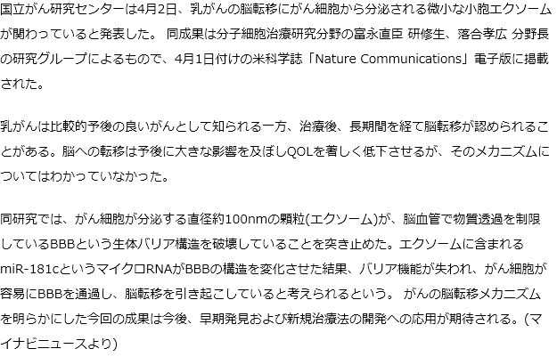 国がん、乳がんの脳転移のメカニズムを解明