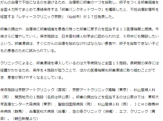 卵巣組織の凍結保存、全国４施設で構築