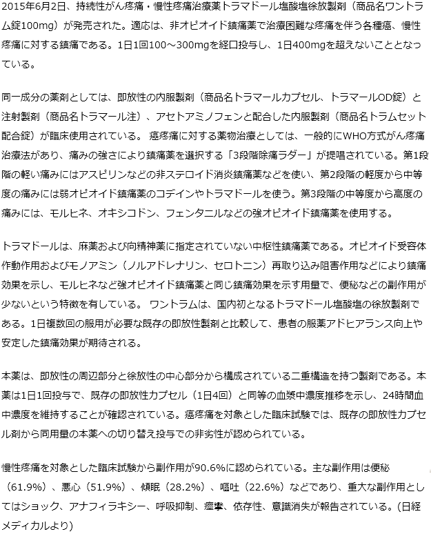 非オピオイド鎮痛薬で治療困難な疼痛を伴う各種がん